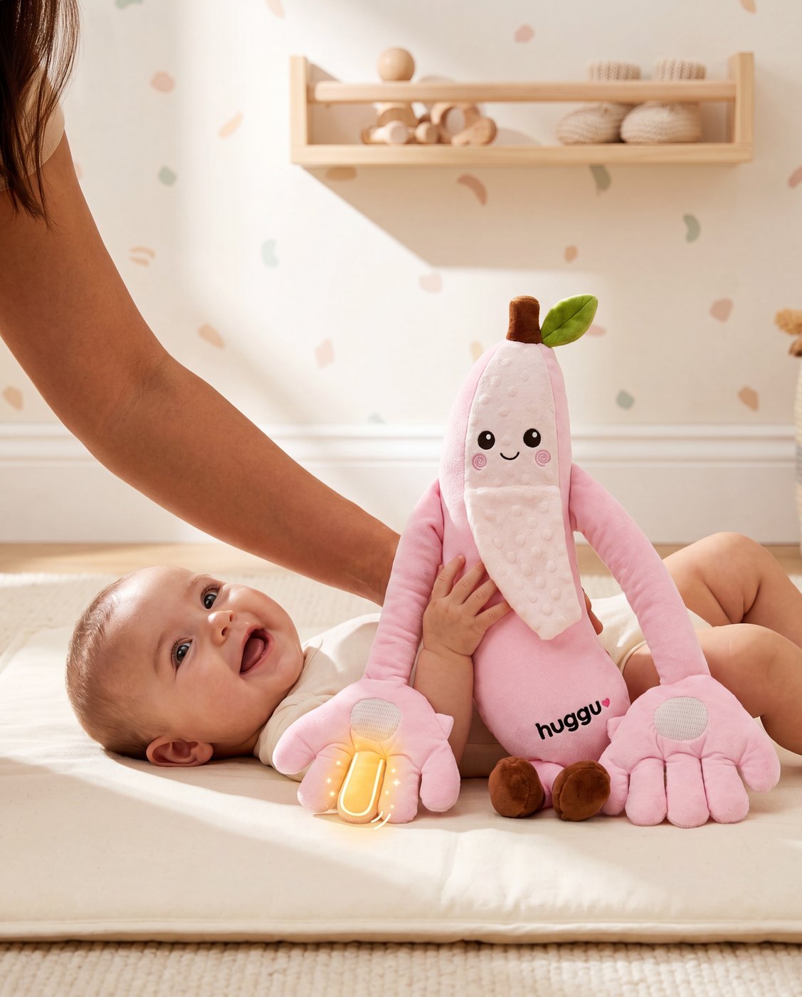 Baby reaching for Betty — Huggu pat-pat plush